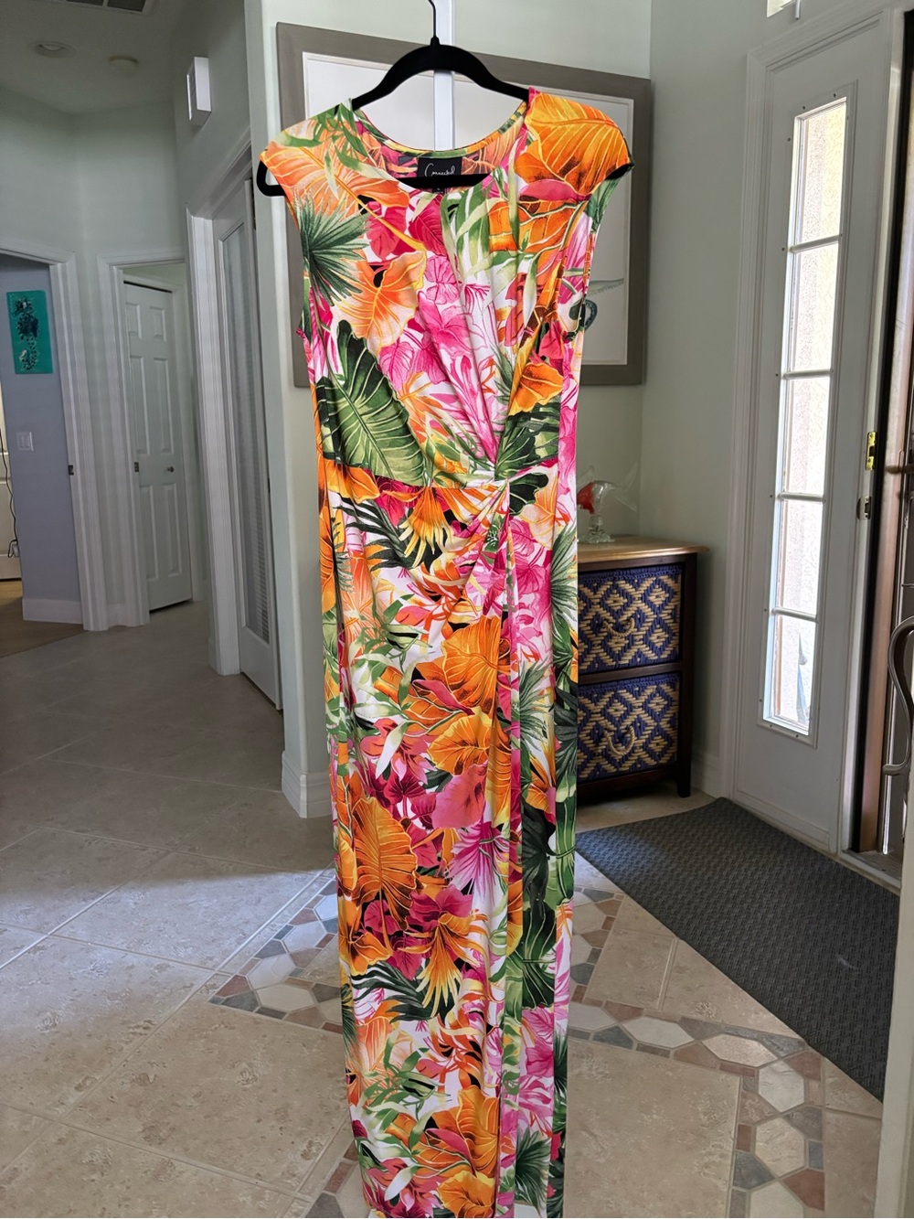 #156 Connected Apparel Tropical Floral Maxi Dress in Pink, Orange & Green